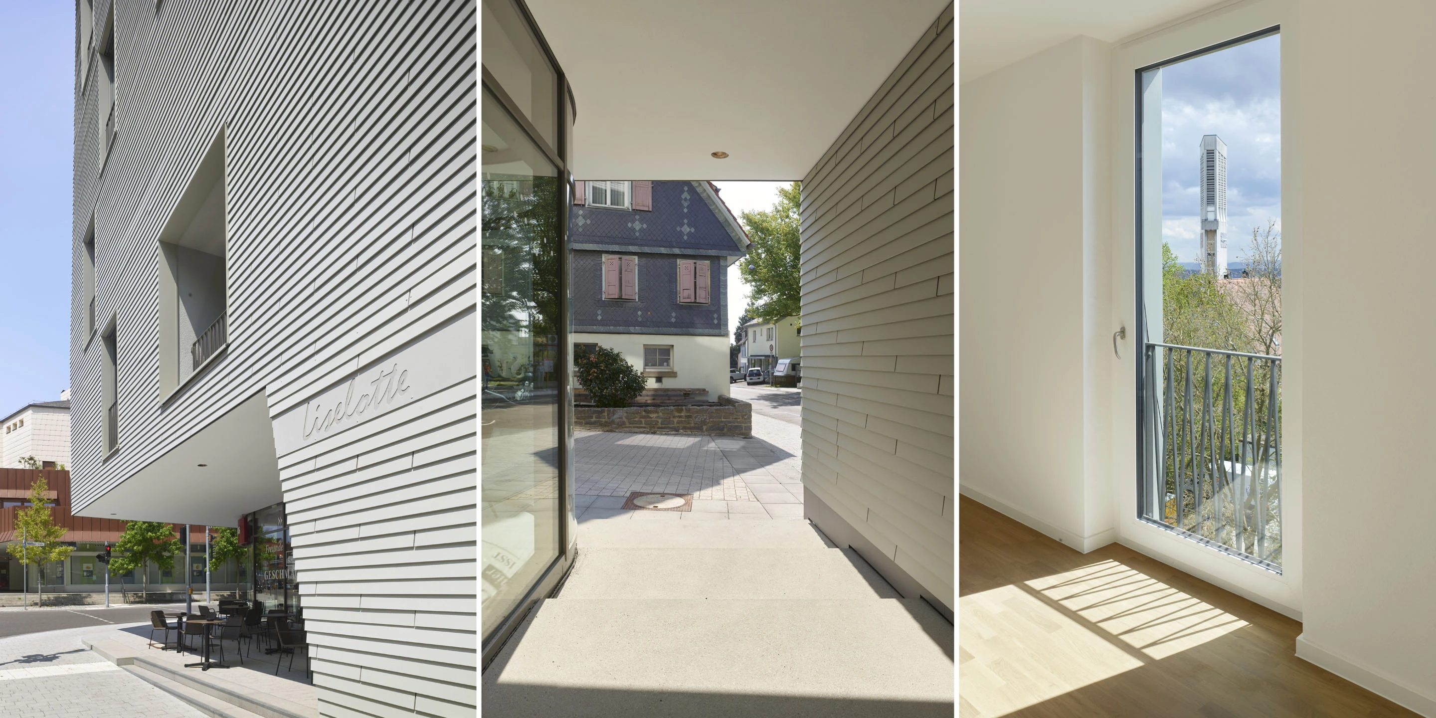 Wohnungsbau für Pflegekräfte | Ostfildern-Ruit Wohnen, Gewerbe, Maisonette, Dachterrasse, Café, Faserzementplatten, Doppelparksystem, Unterkellerung, Gebäudeensembles, Neubau, Gradmann-Stiftung, innerstädtischer Lage Ruit, repräsentative Straßenfront, Reaktion auf Ort und baurechtliche Anforderungen, zwei Gebäude, Wohngebäude, Lochfassade, Innenhof, Parkplätze, Stellplätze, Architektur, KTP, Kauffmann Theilig Partner, Stuttgart, Rendering, Visualisierung