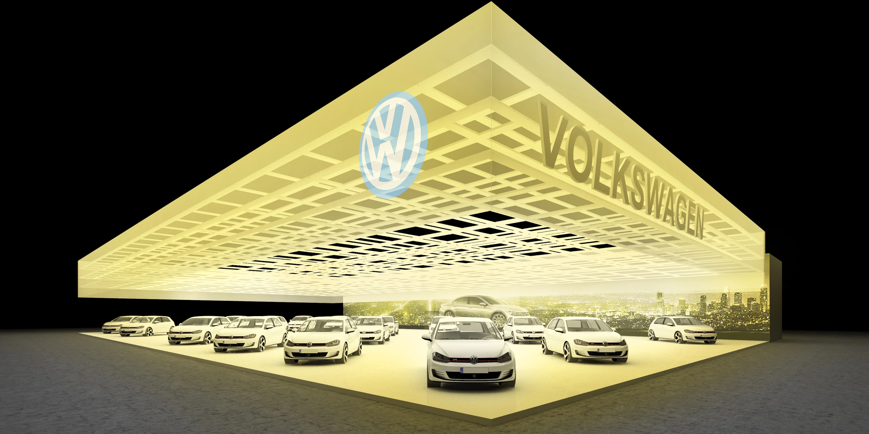 VW B-Messeset | Weltweit Ausbau, Temporär, Konzept, Innenraum, Modular, Wiederverwertbar, Stahl-Holz-Tragwerk, Textil, LED, Lichtinstallation, Privat, öffentlich zugänglich, Ausstellung, Shop, Büro, Café, Messe, Markenauftritt, VW, Volkswagen, B-Messeset, Rendering, Visualisierung, Wettbewerb, Architektur, KTP, Kauffmann Theilig Partner, Stuttgart, Auto, Fahrzeug, Automobil