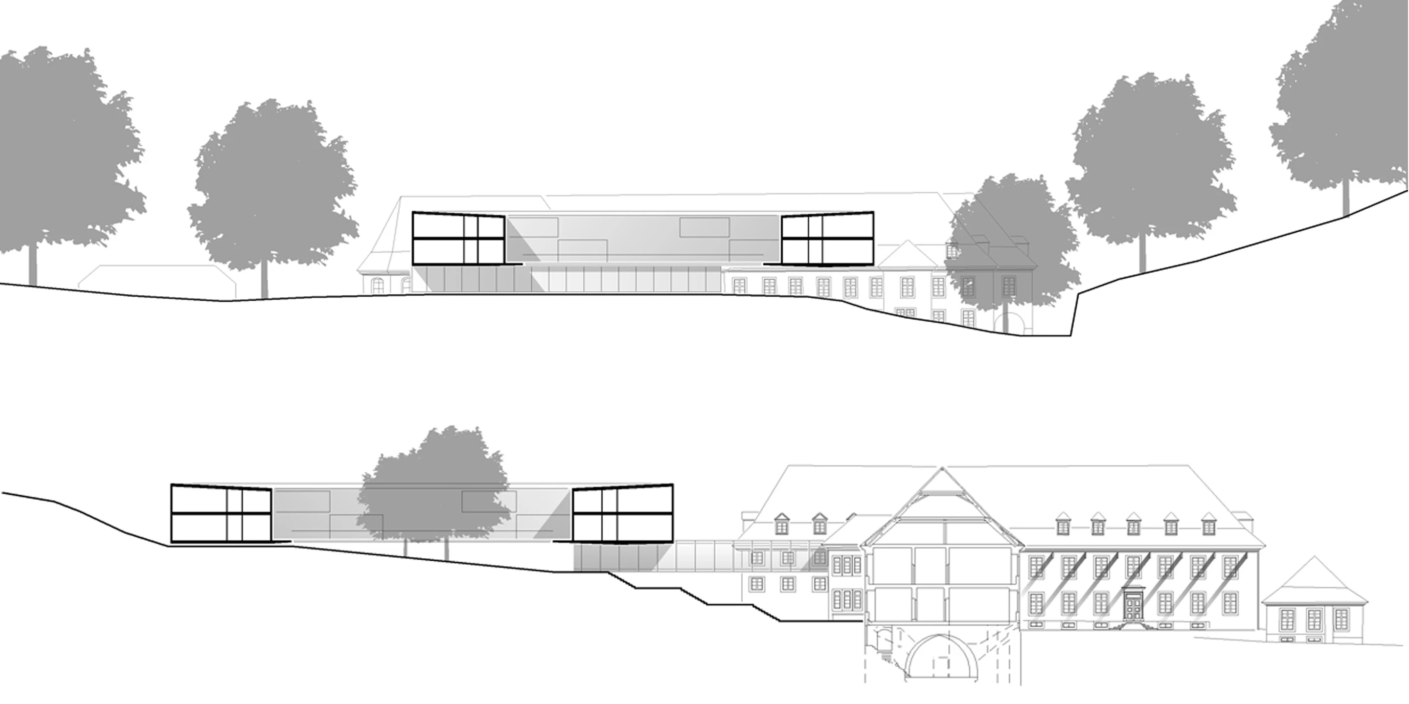 b, 3. Preis, CompetDenkmalschutz, Erweiterung, Konzept, Betontragwerk, Glasfassade, Flachdach, Dachbegrünung, Garten, Privat, Wohnen, Mensa, Aufenthalt, Architektur, KTP, Kauffmann Theilig Partner, Freie Architekten PartGmbB, Stuttgartitionline, Renderings, Visualisierung, Architektur, KTP, Kauffmann Theilig Partner, Freie Architekten PartGmbB, Stuttgart, Lageplan, Schnitt, Grundriss, Modell