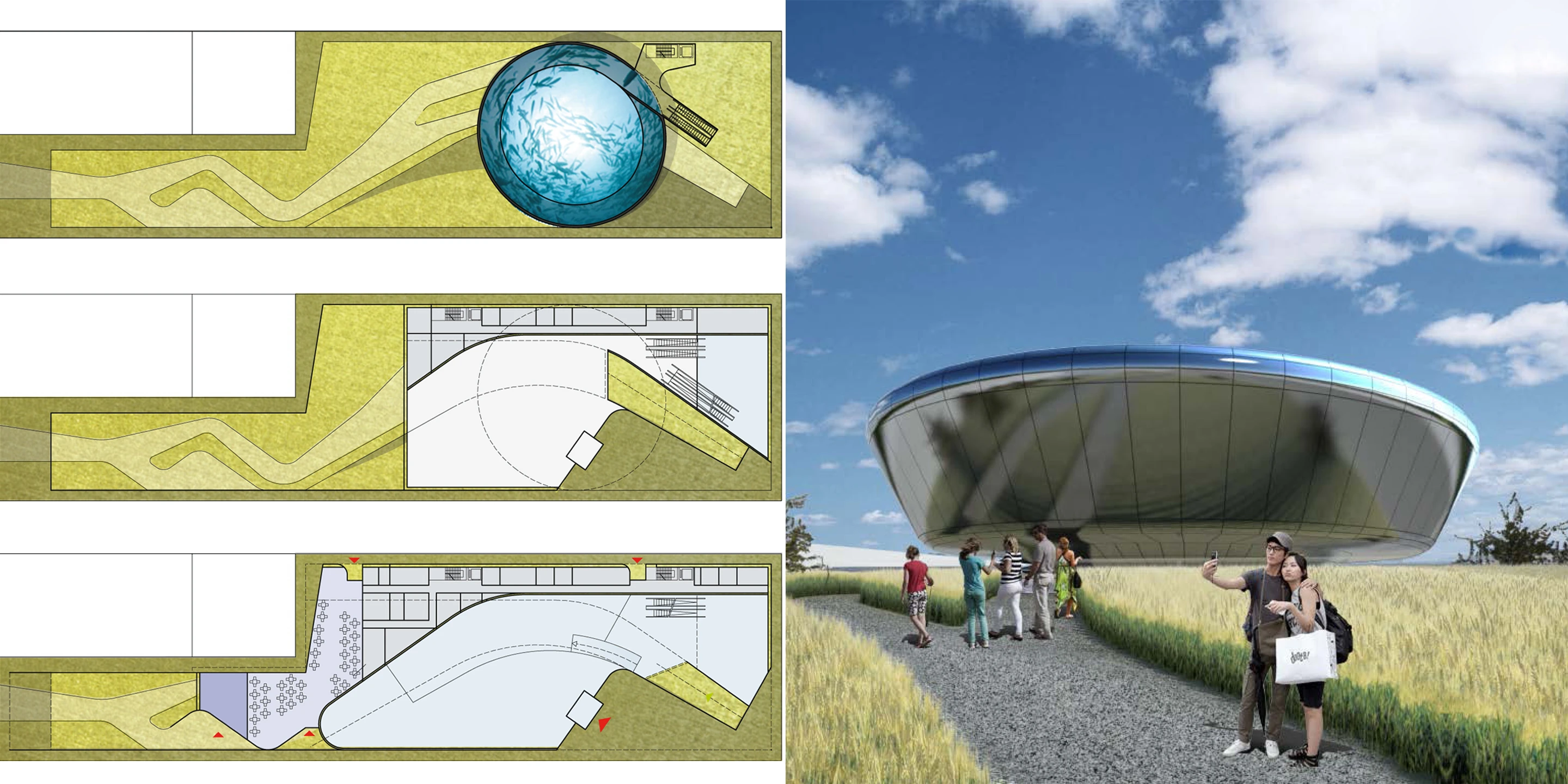 International, Neubau, Temporär, Konzept, Freiform, Medieninstallation, Dachbegrünung, Terrasse, Öffentliche Hand, öffentlich zugänglich, Ausstellung, Shop, Café, Büro, Aufenthalt,  Architektur, KTP, Kauffmann Theilig Partner, Freie Architekten PartGmbB, Stuttgart, Expo, Deutscher Pavillon, Rendering, Visualisierung, Grundriss, Schnitt, Konzept