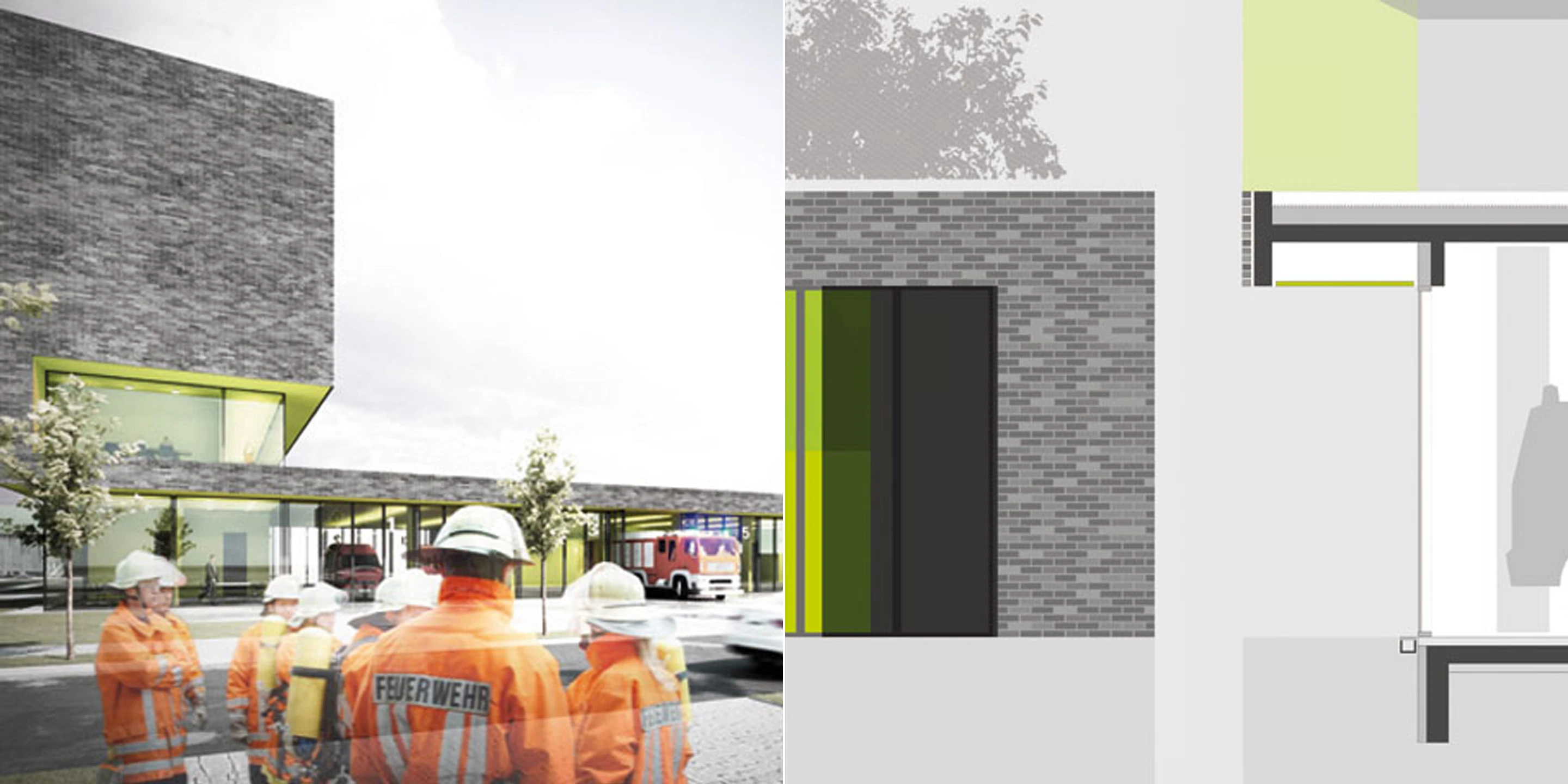 Neubau, Konzept, Betontragwerk, Glasfassade, Klinkerfassade, Flachdach, Innenhof, Öffentliche Hand, Feuerwehr, Büro, Verwaltung, Leitstelle, Aufenthalt, Schulung, Architektur, KTP, Kauffmann Theilig Partner, Freie Architekten PartGmbB, Stuttgart