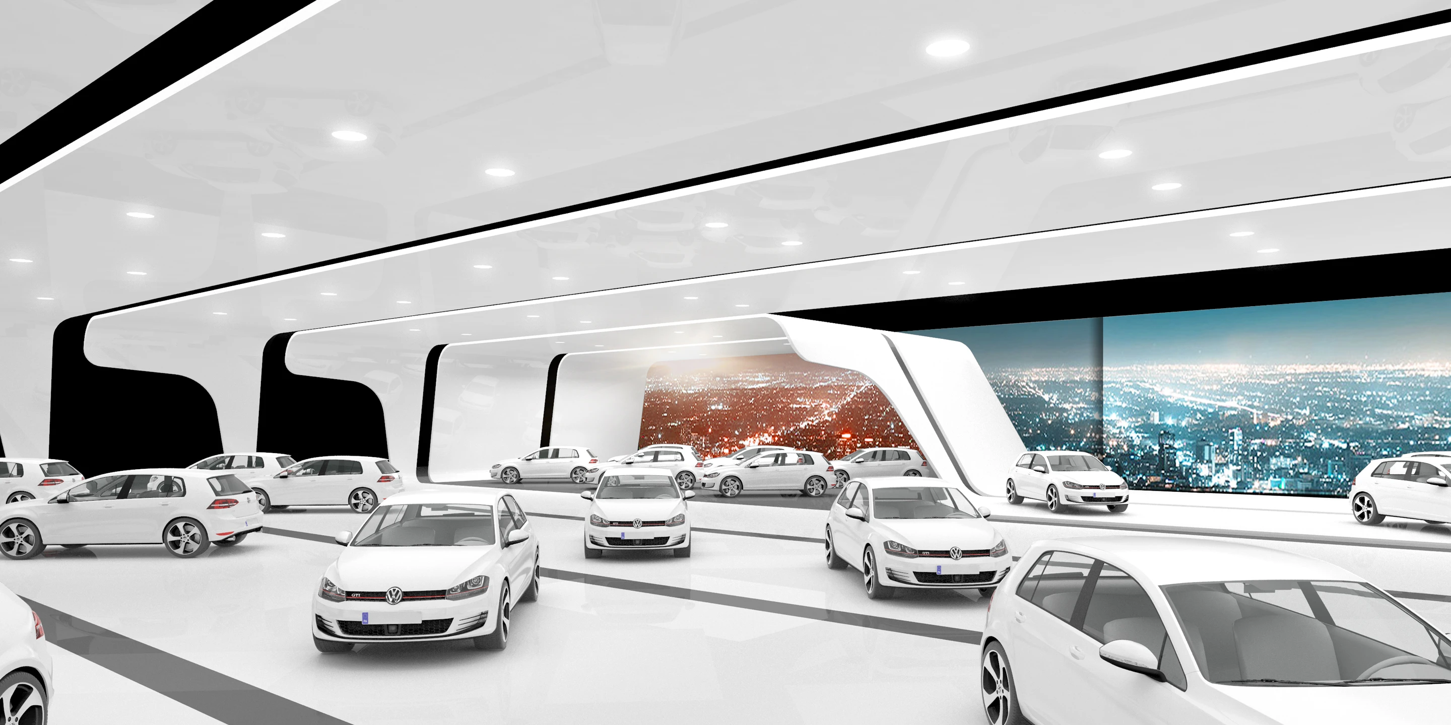VW B-Messeset | Weltweit Ausbau, Temporär, Konzept, Innenraum, Modular, Wiederverwertbar, Stahl-Holz-Tragwerk, Textil, LED, Lichtinstallation, Privat, öffentlich zugänglich, Ausstellung, Shop, Büro, Café, Messe, Markenauftritt, VW, Volkswagen, B-Messeset, Rendering, Visualisierung, Wettbewerb, Architektur, KTP, Kauffmann Theilig Partner, Stuttgart, Auto, Fahrzeug, Automobil